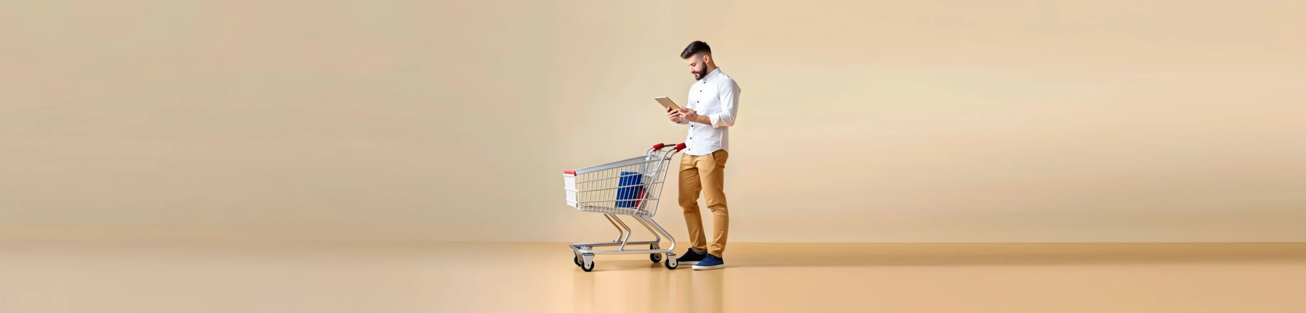 Un homme se tient debout près de son chariot et consulte sur son smartphone les informations pratiques disponibles sur le site internet de l'Hyper U Païta